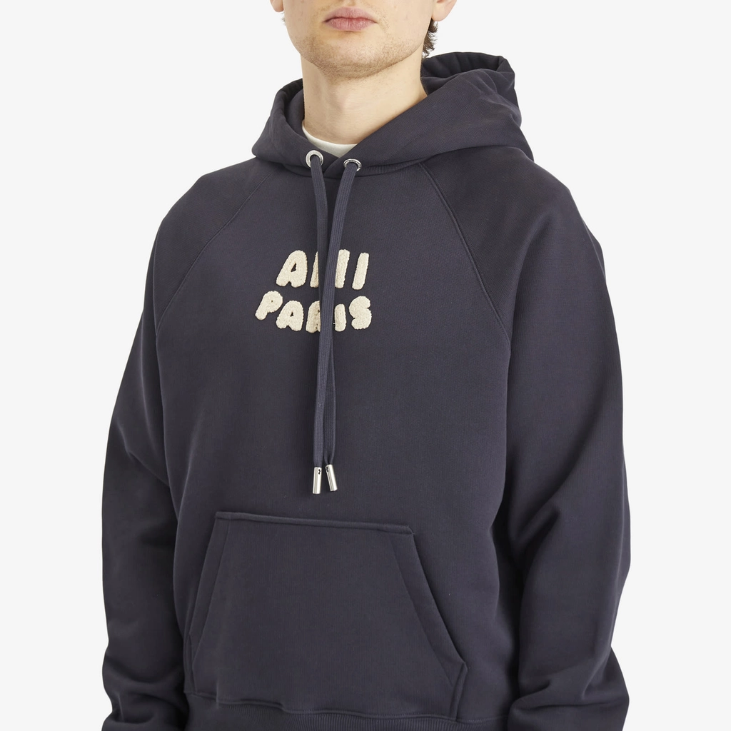 AMI Paris Men's Woven Ami Logo Jersey Hoodie Navy Blue